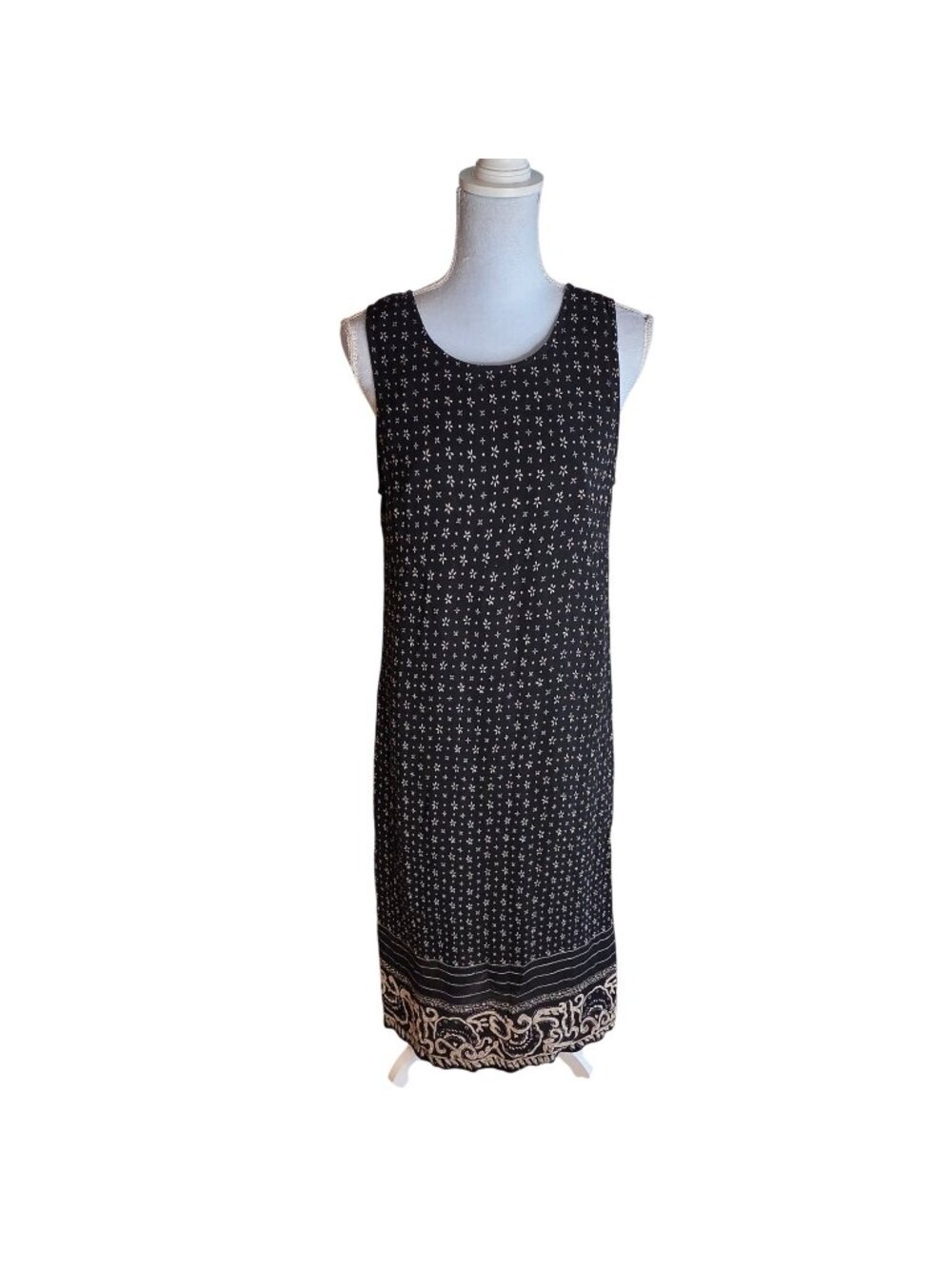 Vintage 90s Victoria Holley Black Border Print Rayon Shift Dress Boho XL